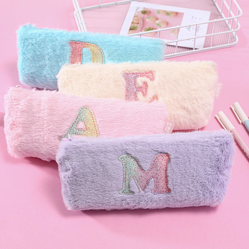 Fashionable Portable Simple Plush Letter Square Pencil Pouch