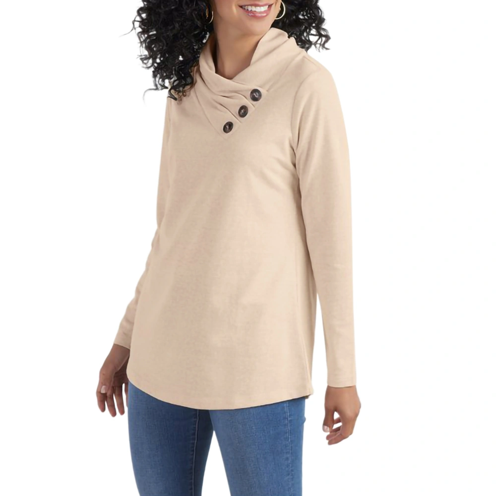 Women's Casual Button Decoration Half High Crew Neck Long Sleeve Tunic T-Shirt Solid Color Texture Tops Tees