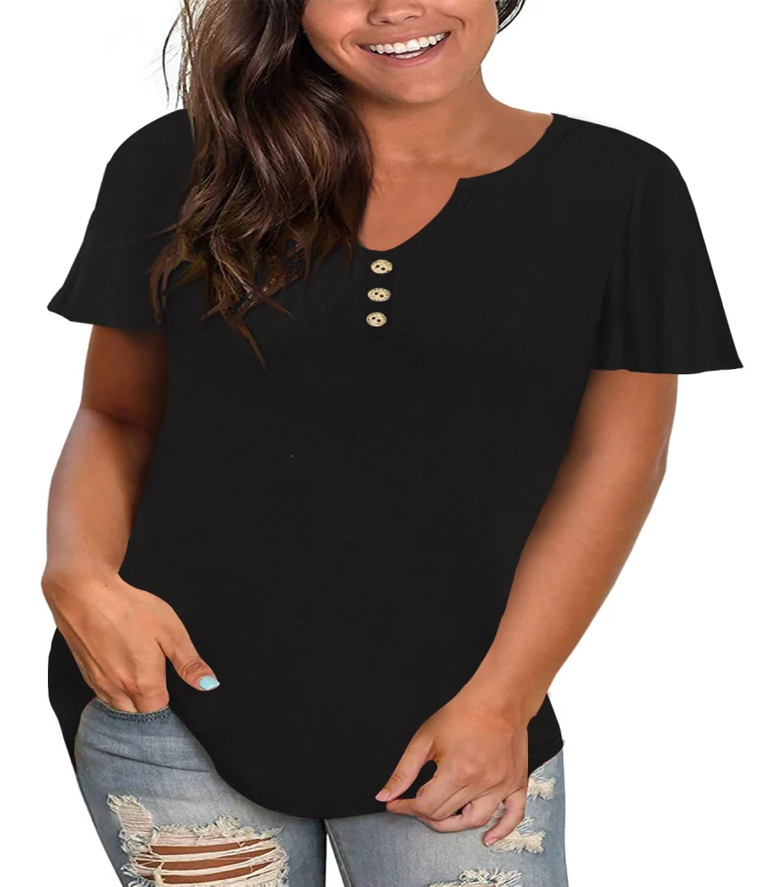 Haloumoning Plus Size Blouse for Women Casual V-Neck Flowy Tunics Tee Summer Loose Short Sleeve Button Up Tshirts