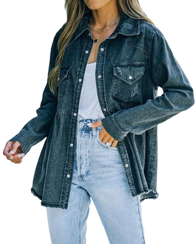 Maxwinee Damen Jeansjacke Locker Denim Jacke Vintage Langarm Peplum Jacke Oversize 脺bergangsjacke