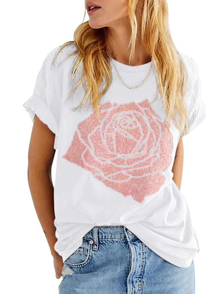 Womens Rose Graphic Tee T Shirt Loose Fit Summer Short Sleeve Casual Boyfriend Crew Neck Tops