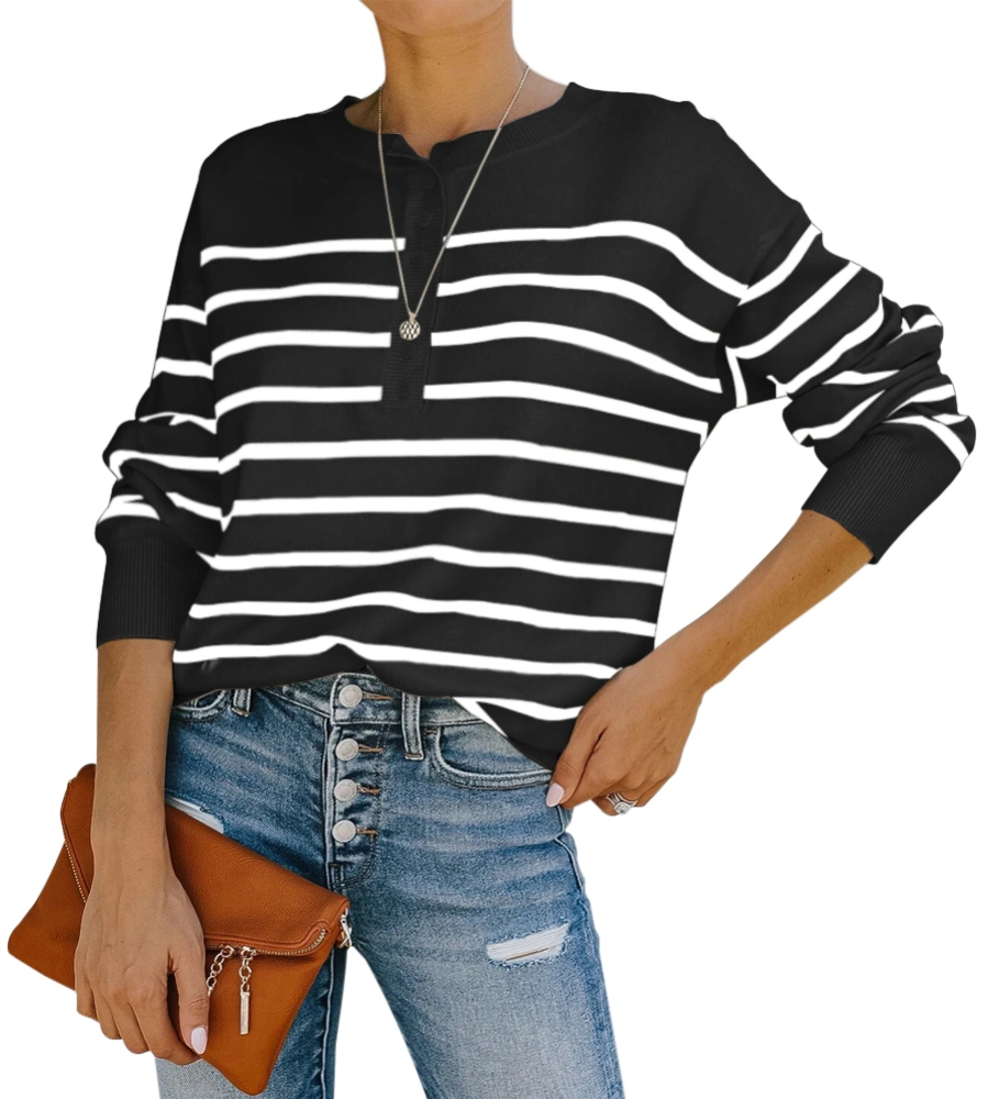 Womens Striped Henley Sweaters Soft Lightweight Long Sleeve Crew Neck Loose Fit Knit Pullover Tops