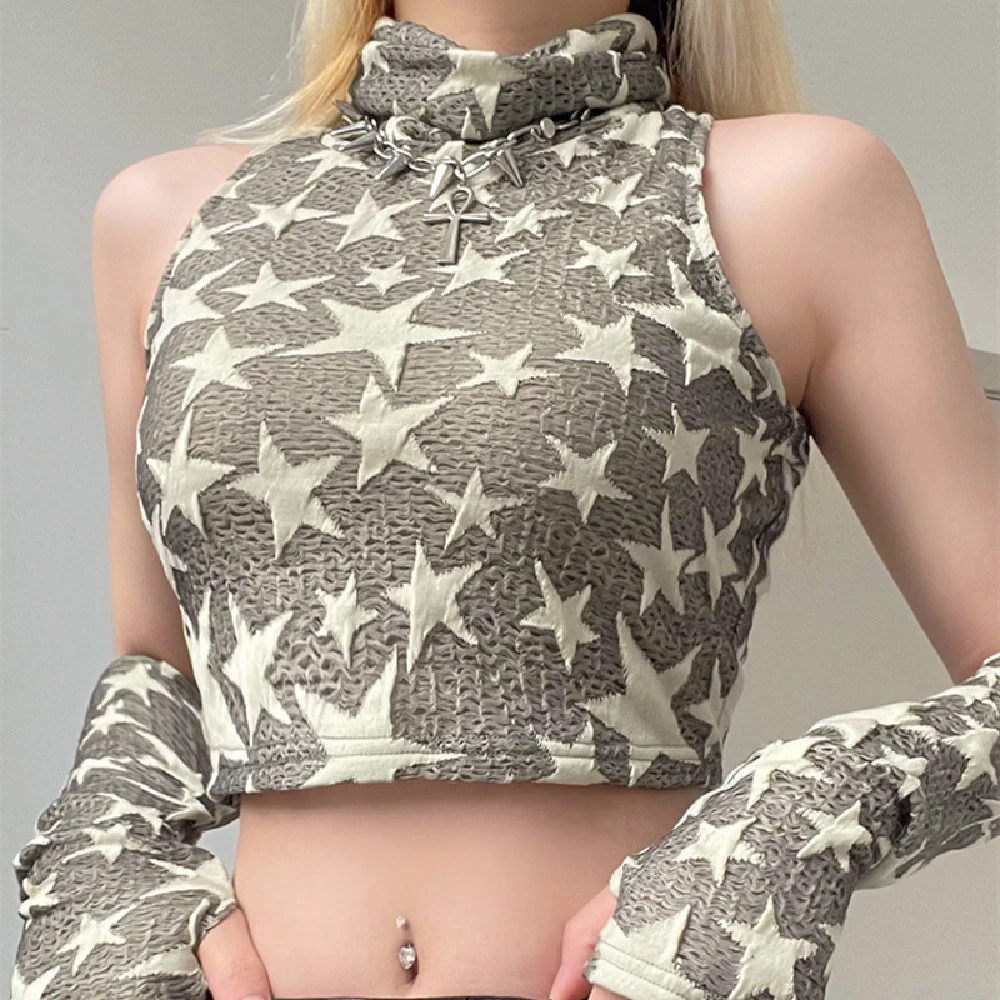 Fashion Star Print Turtleneck Tank Top