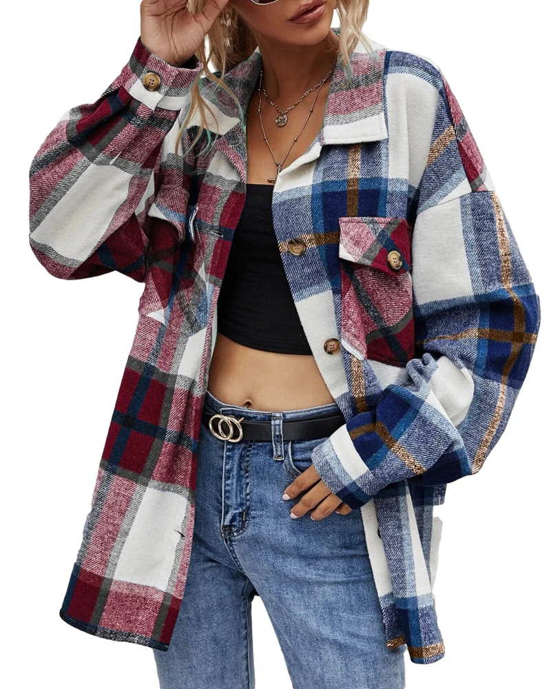 Womens Casual Flannel Shirt Plaid Lapel Loose Button Plus Long Shacket Shirts Jacket