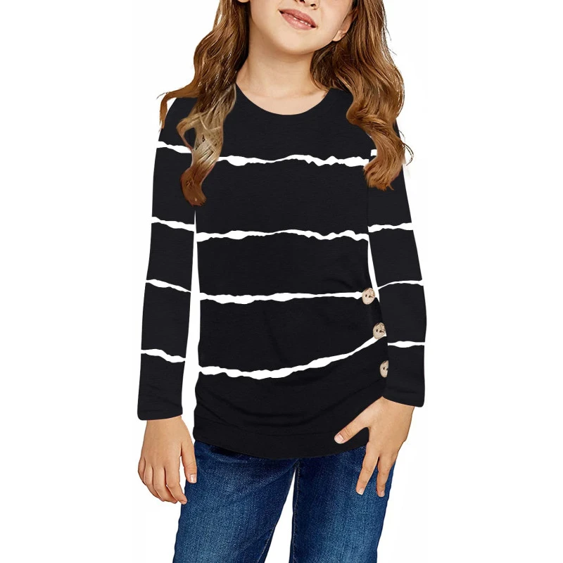 Ebifin Girls Casual Short/Long Sleeve T Shirts Crewneck Tunic Tops Kids Button Striped Tee Blouses Size 4-15