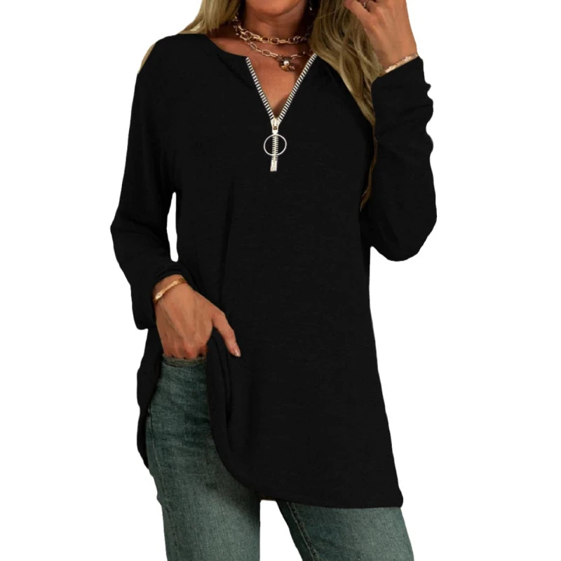 Grlasen Women's Long Sleeve Zipper Neck Tunic Tops Cotton Comfy Classic T Shirt Loose Fall Top