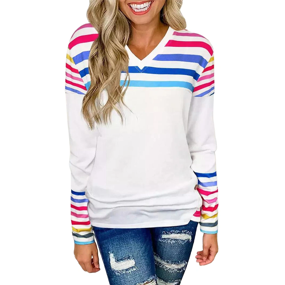 Genayge Women Button Side Casual Shirt V Neck Colorful Striped Pullover Loose Fit Long Sleeve Tops Pink