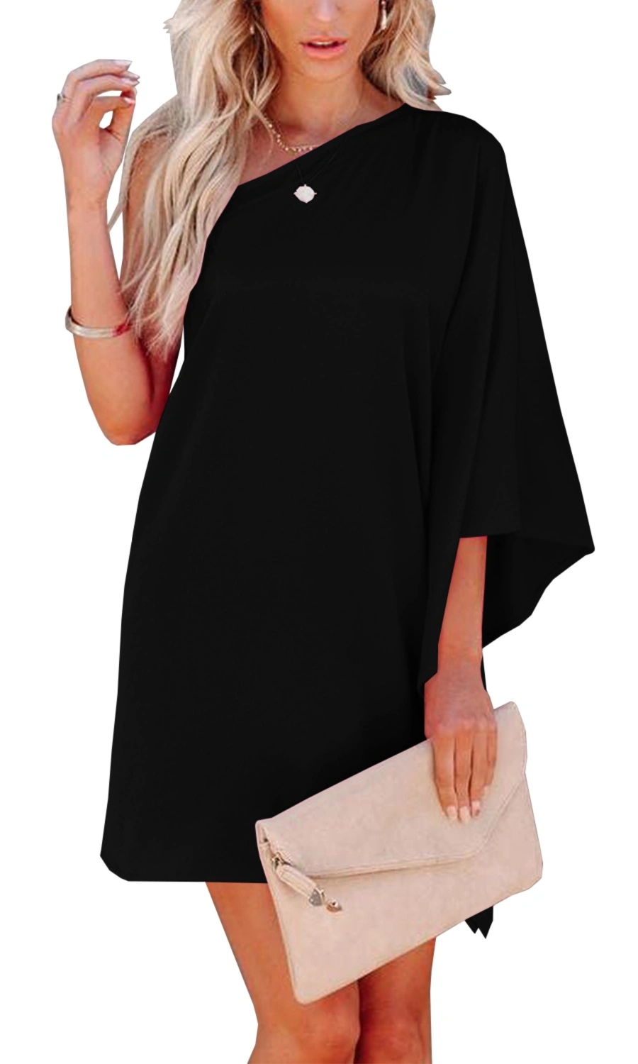 Fisoew Women's One Shoulder Statement Dress Loose Casual Elegant Wedding Party Mini Dresses