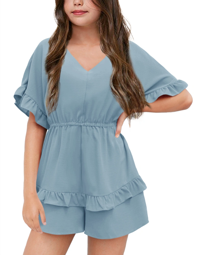 Meilidress Girl's Summer Short Solid Romper Flutter Sleeve Ruffle Layered Back Zipper Elastic Waisted Shorts Jumpsuit