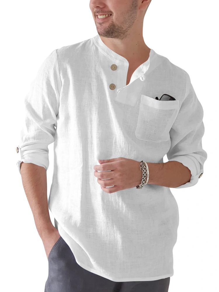 Men's Long Sleeve Cotton Linen Blend Henley Shirt Lightweight Solid Breathable Casual Shirts Tops