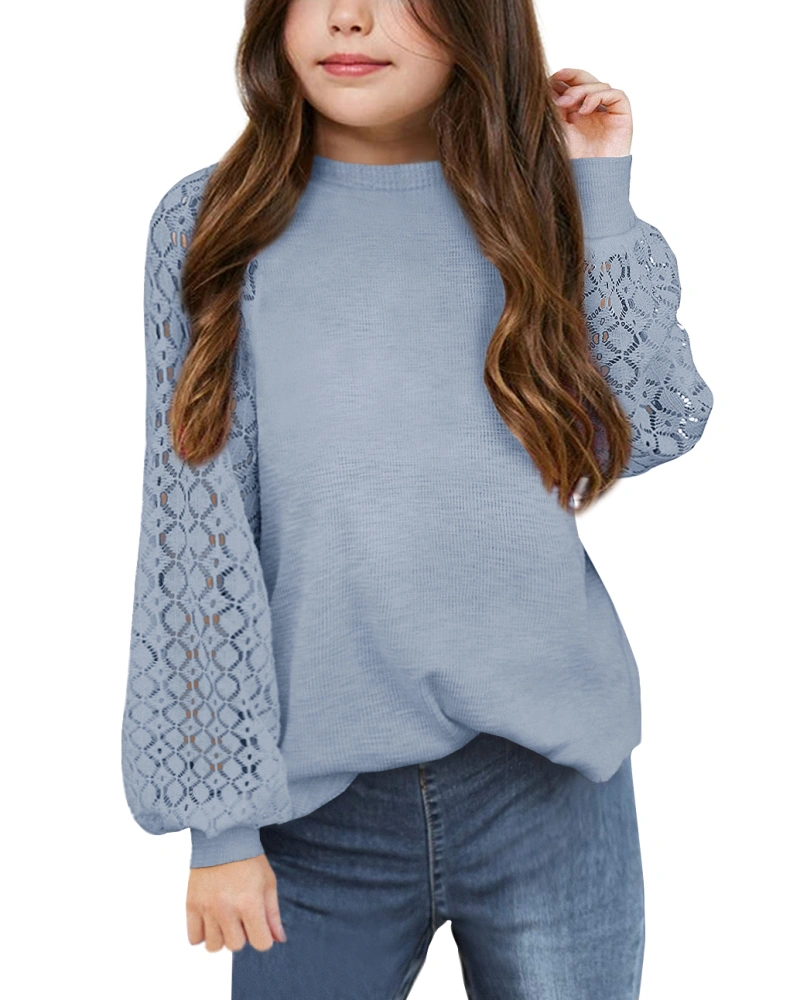 Batermoon Girls' Long Sleeve Shirts Lace Loose Fit Casual Crewneck Blouses Tops 5-14 Years