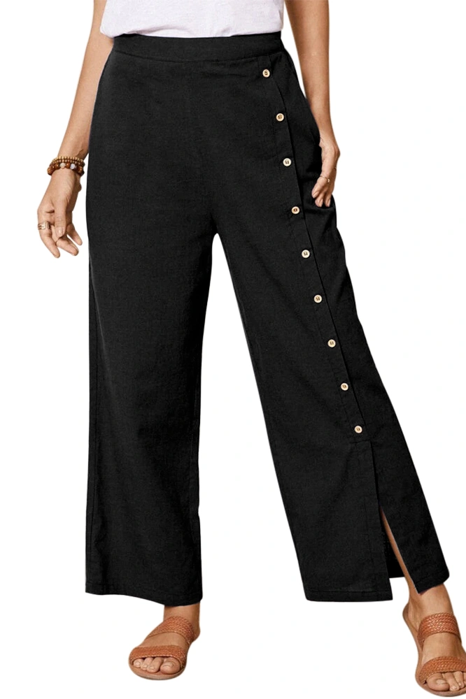 Womens Casual Linen Wide Leg Pants Elastic Waist Split Hem Capri Trousers with Pockets