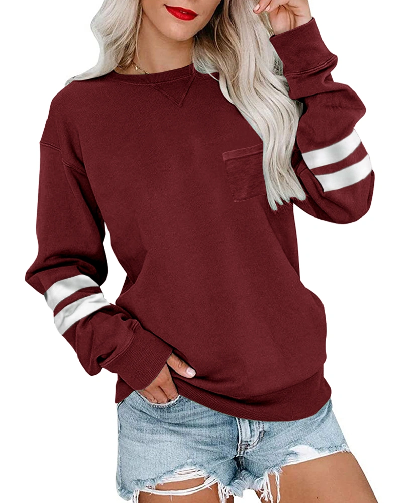 Bwogeeya Womens Casual Long Sleeve Sweatshirt Stripes Pocket Crew Neck Cute Pullover Relaxed Fit Tops