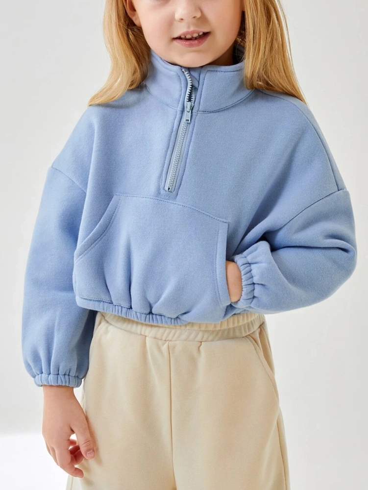 Makkrom Girls Long Sleeve Lapel Half Zip Up Sweatshirt Solid Casual Fall Pullover Tops with Pockets 2Y-12Y