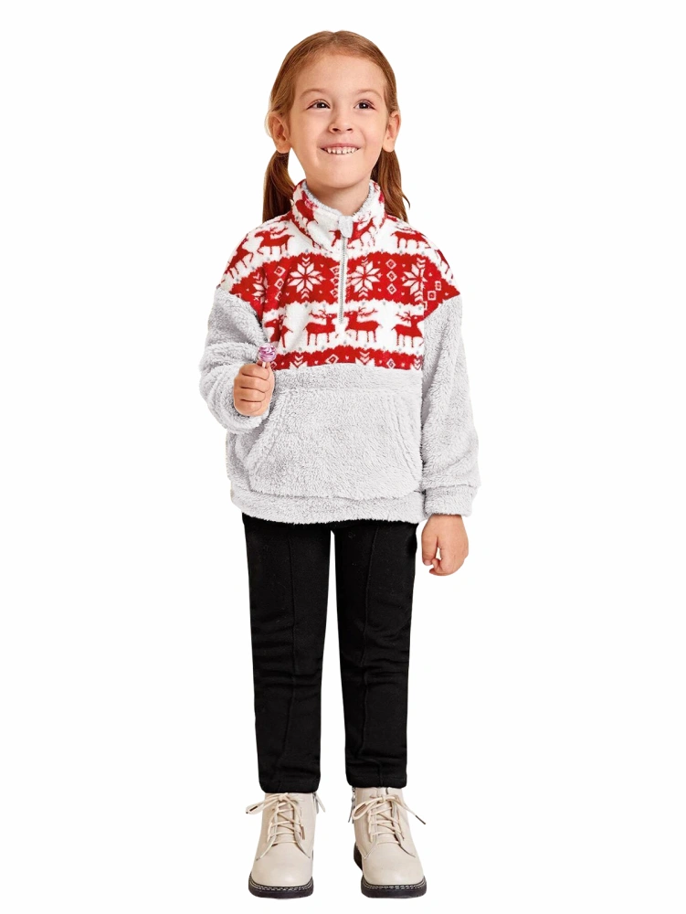 Haloumoning Girls Christmas Sweater Elk Snowflake Print Outerwear Long Sleeve Crewneck Pullover Sweatshirt Tops