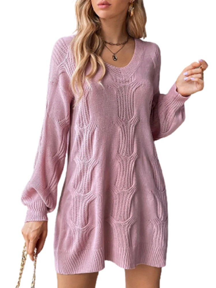 Dyexces Womens Sweater Dress V Neck Cable Knitted Mini Dress Casual Loose Pullover Sweater