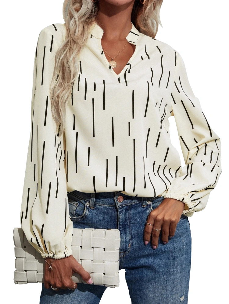 Womens V Neck Long Sleeve Blouse Elegant Printed Casual Workwear Lightweight Tops Shirt