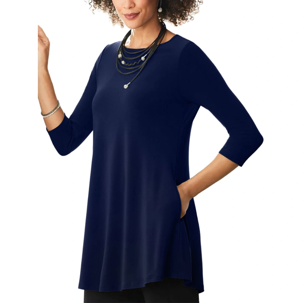 Genayge Women Crew Neck Flare Shirt 3/4 Sleeve Solid Color Basic Loose Fit Tunic Tops