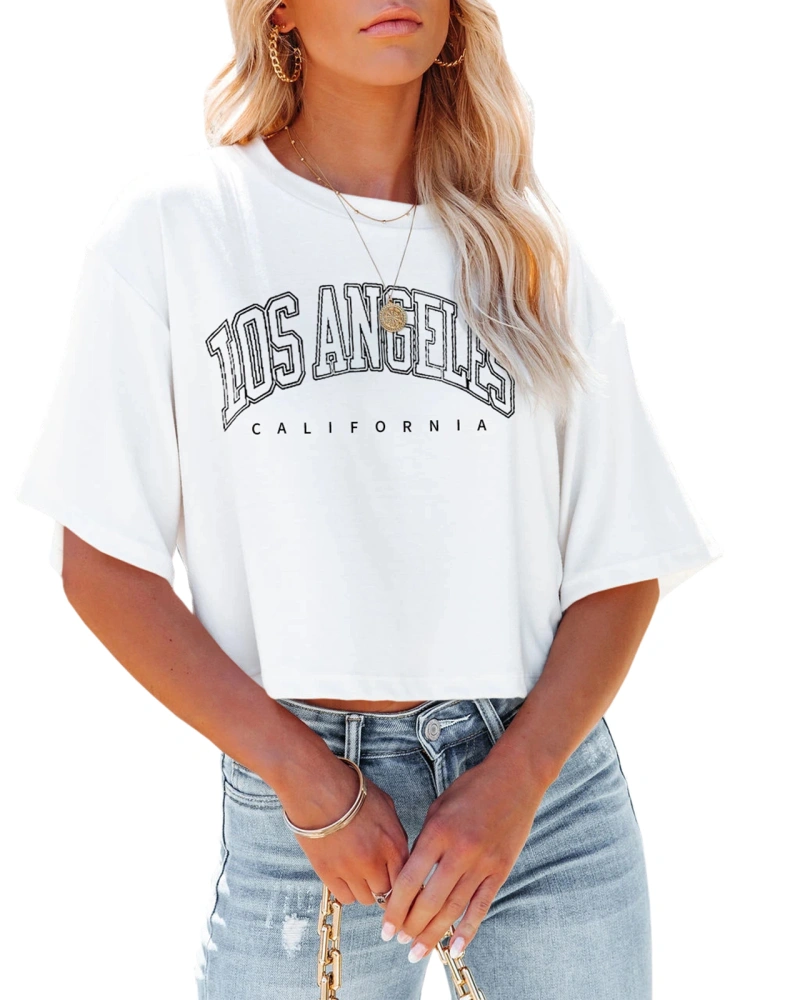 Tankaneo Womens Los Angeles California Letter Print Cropped T Shirt Half Sleeve Crop Tees Round Neck Summer Crop Tops