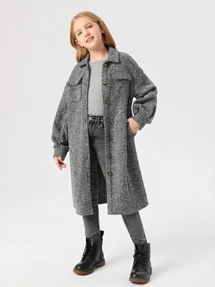 Gafeng Kids Girls Herringbone Single Breasted Woolen Coat Knee Length Fall Winter Peacoat with Pockets