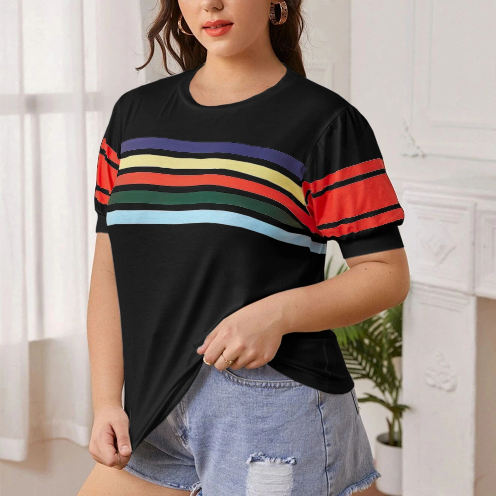 Genayge Women's Casual Short Sleeve Round Neck Striped T Shirt Elastic Cuffs Loose Fit Blouses