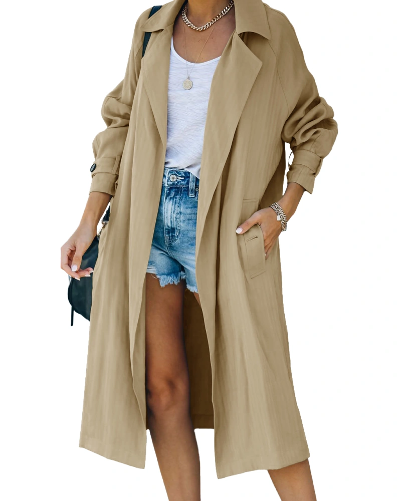 Rilista Women's Long Trench Coat Windproof Classic Open Front Lapel Slim Overcoat without Belt Back elastic waist