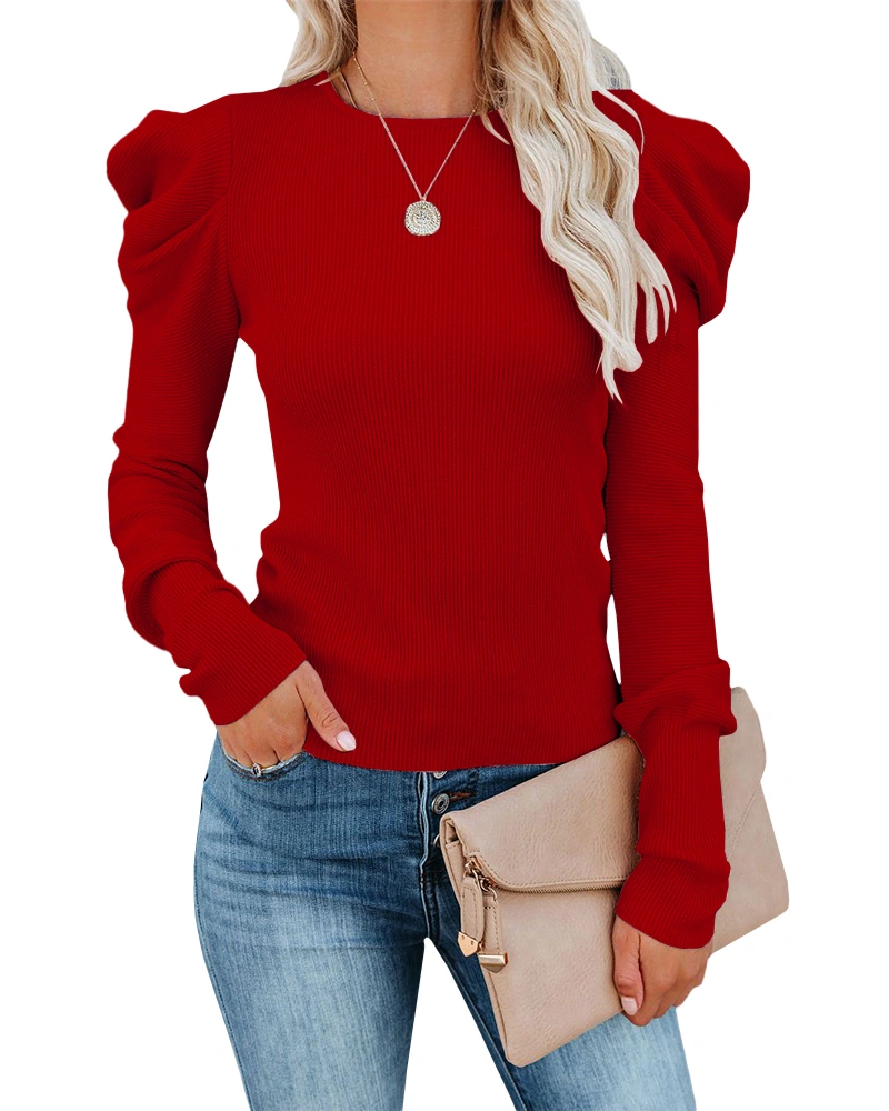 MIRACMODA Woman Autumn Puff Sleeve Crew Neck Knit Sweater Long Sleeve Stretchy Pullover Top