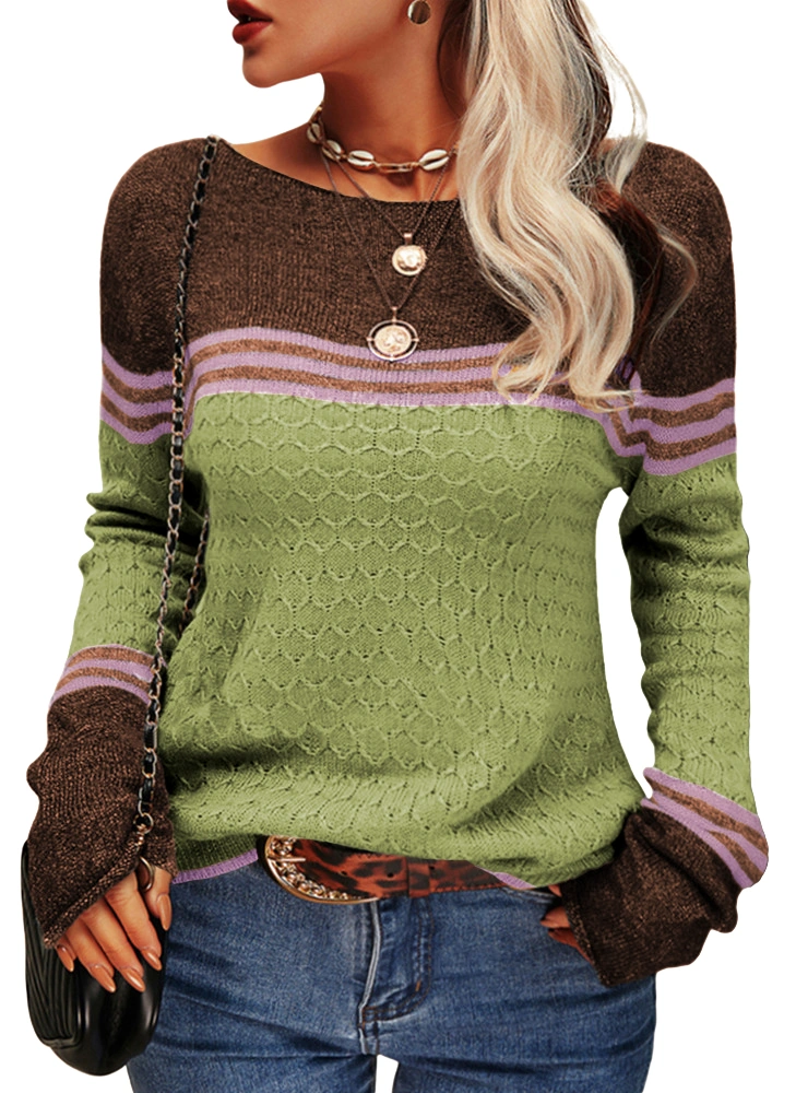 Danedvi Women Autumn Winter Colorblock Pullover Sweaters Round Neck Striped Slim Fitting Knitwear Tops