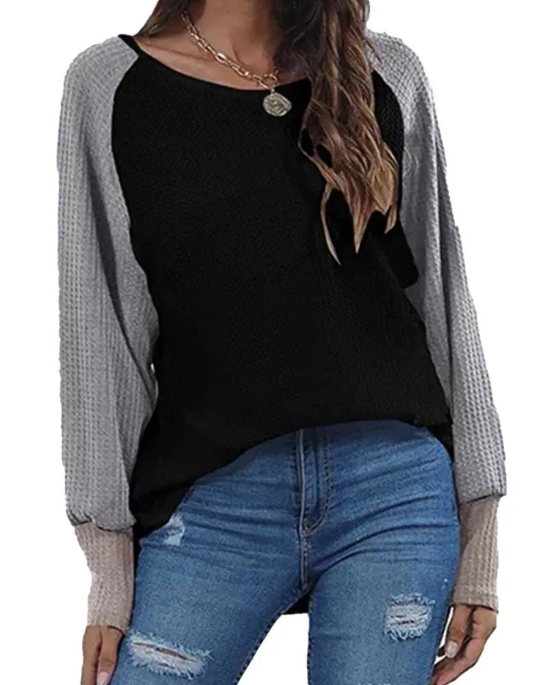 Galawaqe Women's Long Sleeve Color Block Tshirts Crewneck Casual Loose Patchwork Raglan Tunic Tops Blouses