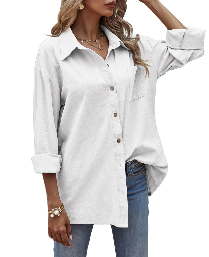 Womens Shirts Button Down Tops Long Sleeve Loose Fit Blouses with Front Pocket Casual V Neck Tunic Tops