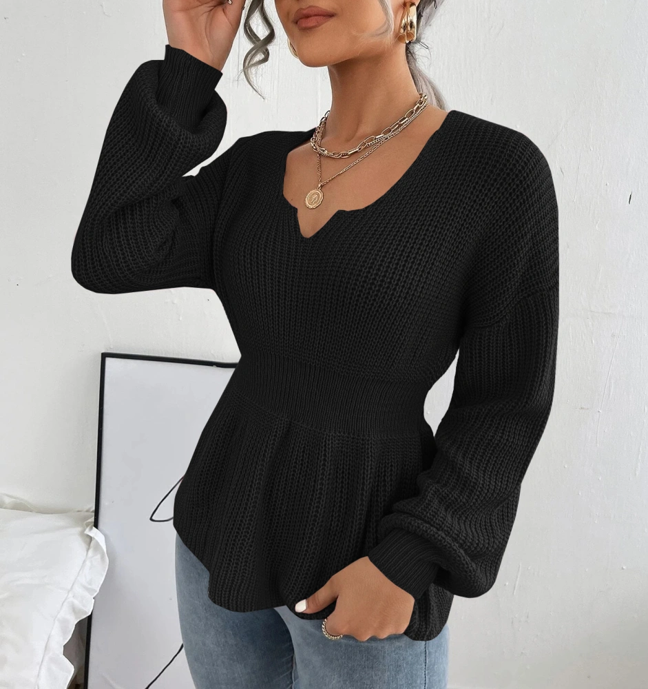 Veatzaer Womens Long Sleeve Knit Sweater V Neck Drop Shoulder Babydoll Sweater Solid Sweater Pullover