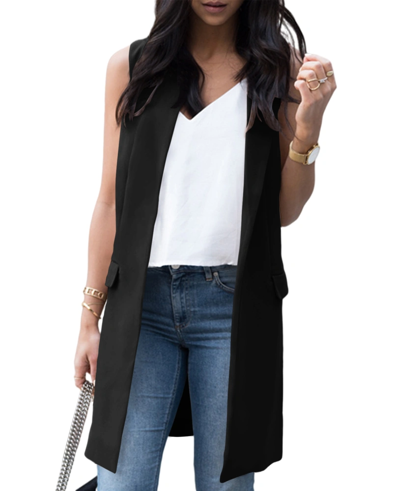 Beladymn Women鈥檚 Sleeveless Long Blazer Vest Casual Open Front Work Office Cardigan with Pockets