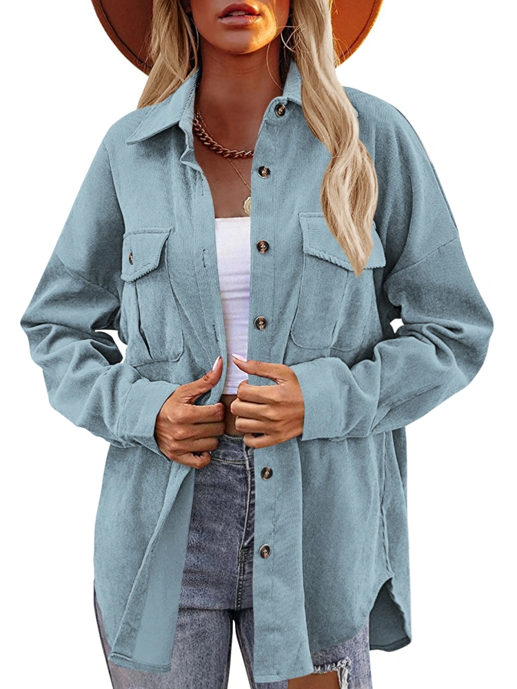 Karlywindow Womens Corduroy Shirt Oversized Button Down Long Sleeve Loose Fit Outwear Casual Shirts