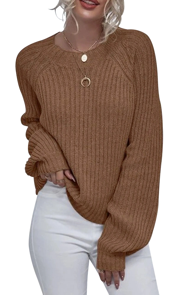 Womens Crew Neck Pullover Sweaters Oversized Raglan Puff Long Sleeve Loose Warm Casual Ribbed Knit Tops