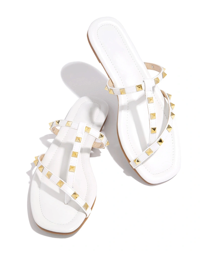 Trish Lucia Women's Rivets Split Toe Slide Sandals Strappy Flat Sandals Cross Strap Beach Flip Flops
