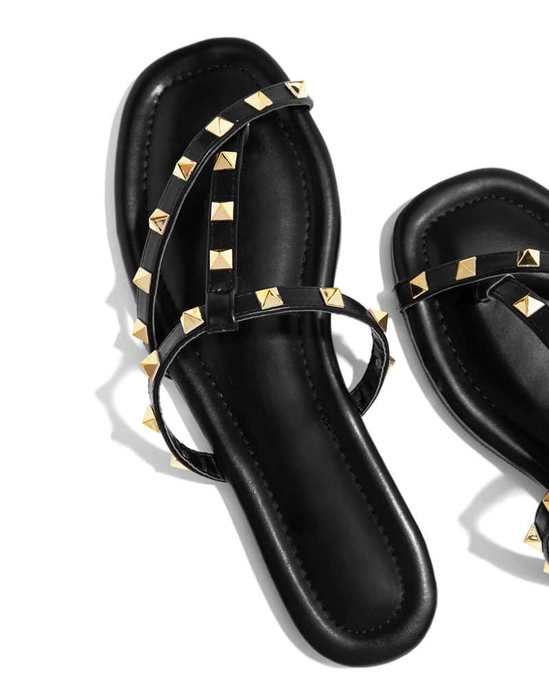 Trish Lucia Women's Rivets Split Toe Slide Sandals Strappy Flat Sandals Cross Strap Beach Flip Flops