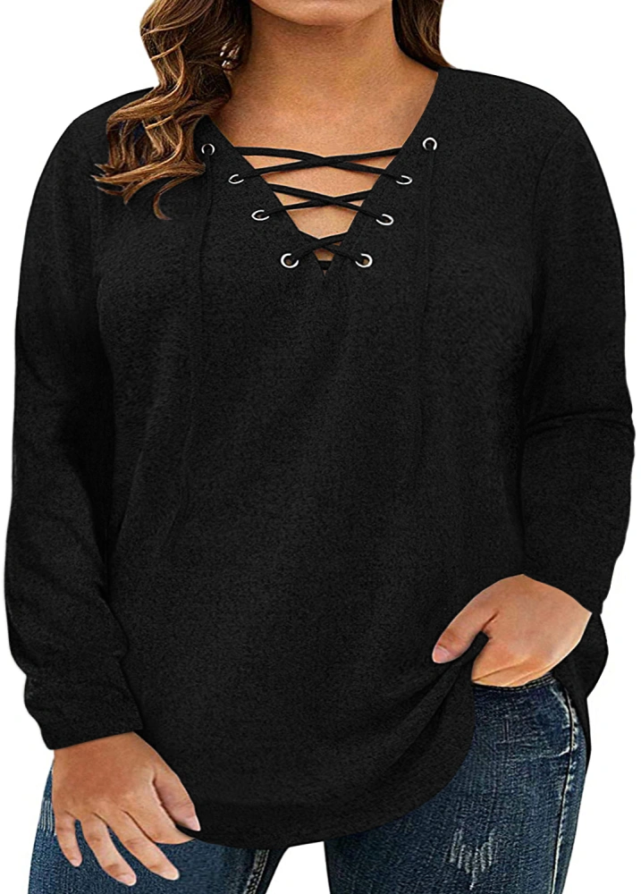 Plus Size Tops for Women Long Sleeve Sexy V Neck Lace Up Loose T-Shirts Casual Cotton Shirts Tunic