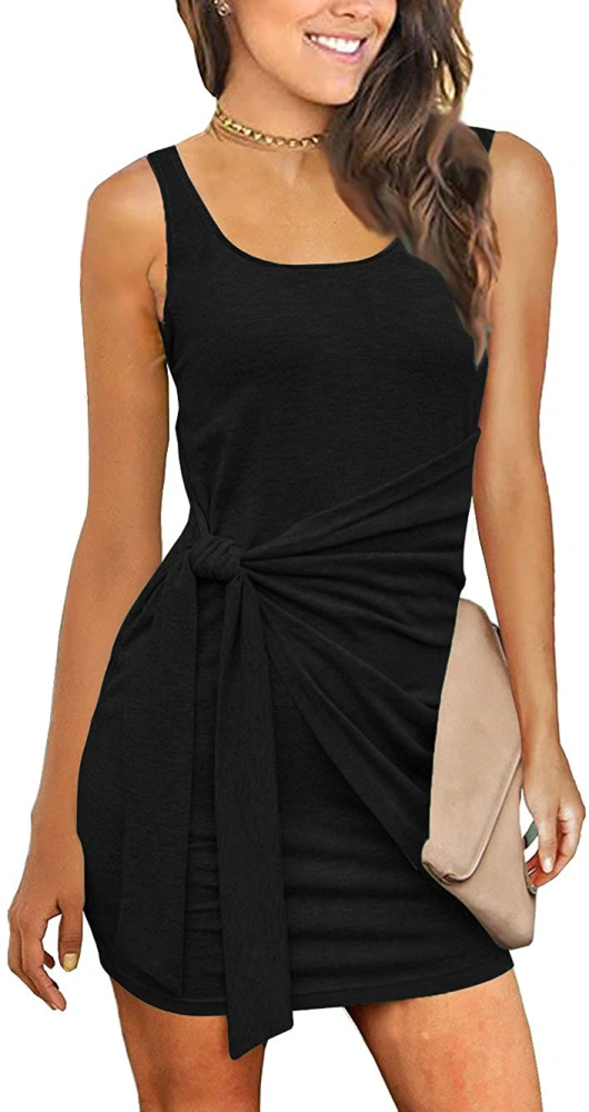 Yousify Women Sleeveless Ruched Tie Waist Sundress Tank Bodycon Mini Dress Basic Party Club Shirt Dress