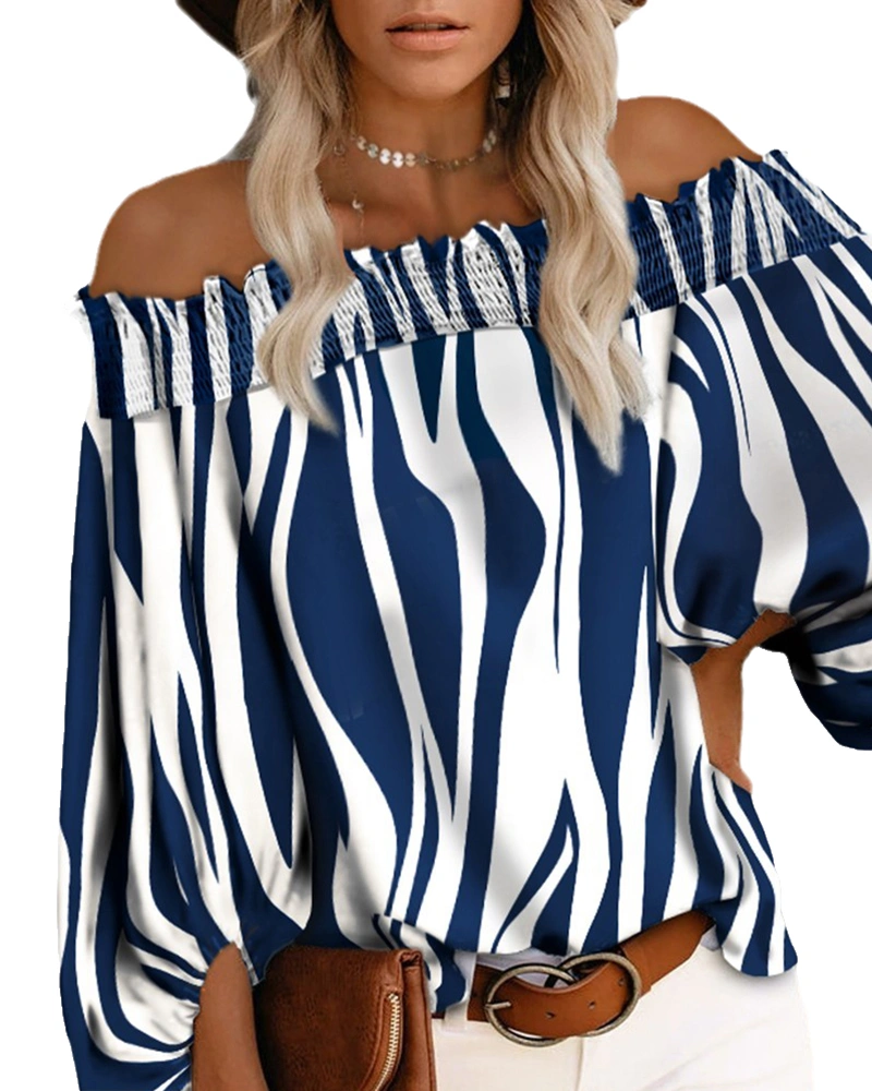 Veatzaer Women's Off Shoulder Tops Stripe Print Long Latern Sleeve Casual Loose Blouse Shirts