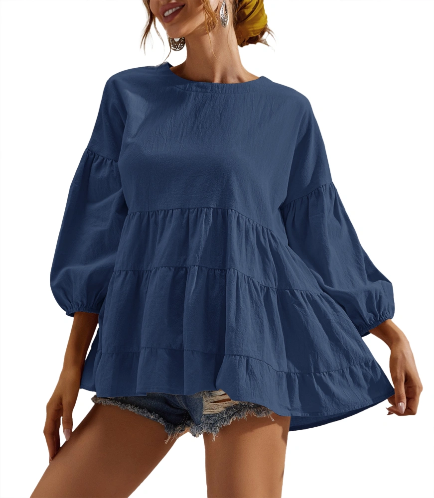 Women's Peplum Tops 3/4 Lantern Sleeve Crewneck Loose Babydoll Shirt Blouse