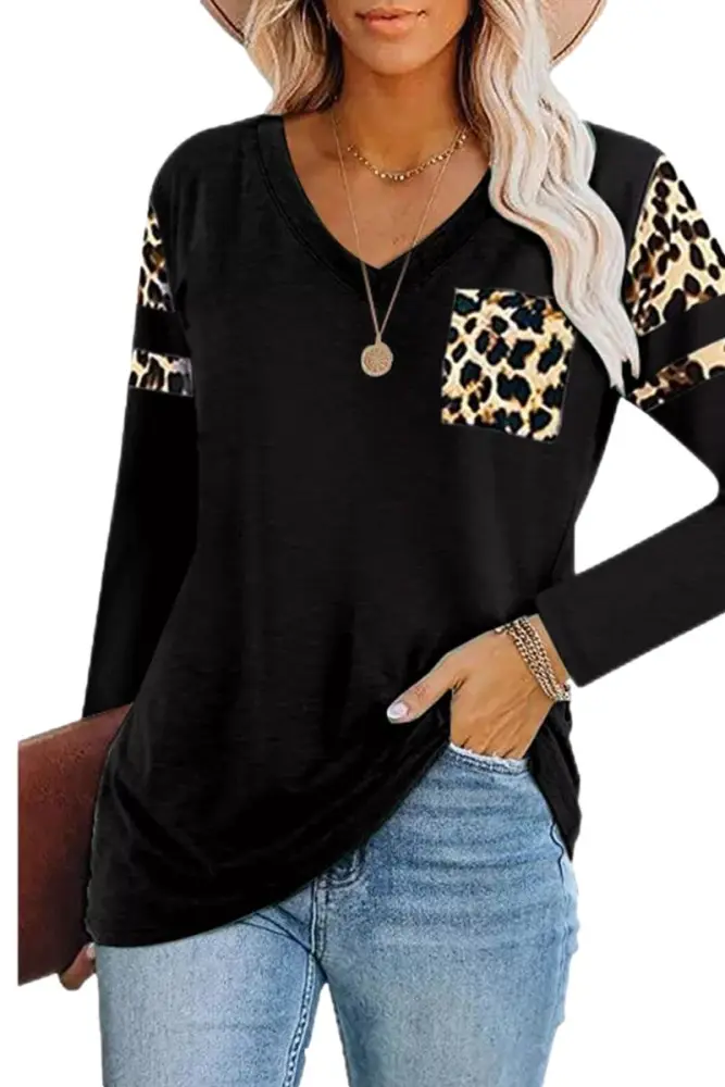 Galawaqe Women's Fall Long Sleeve Leopard Print Tshirt V Neck Casual Loose Tunic Tops with Pocket