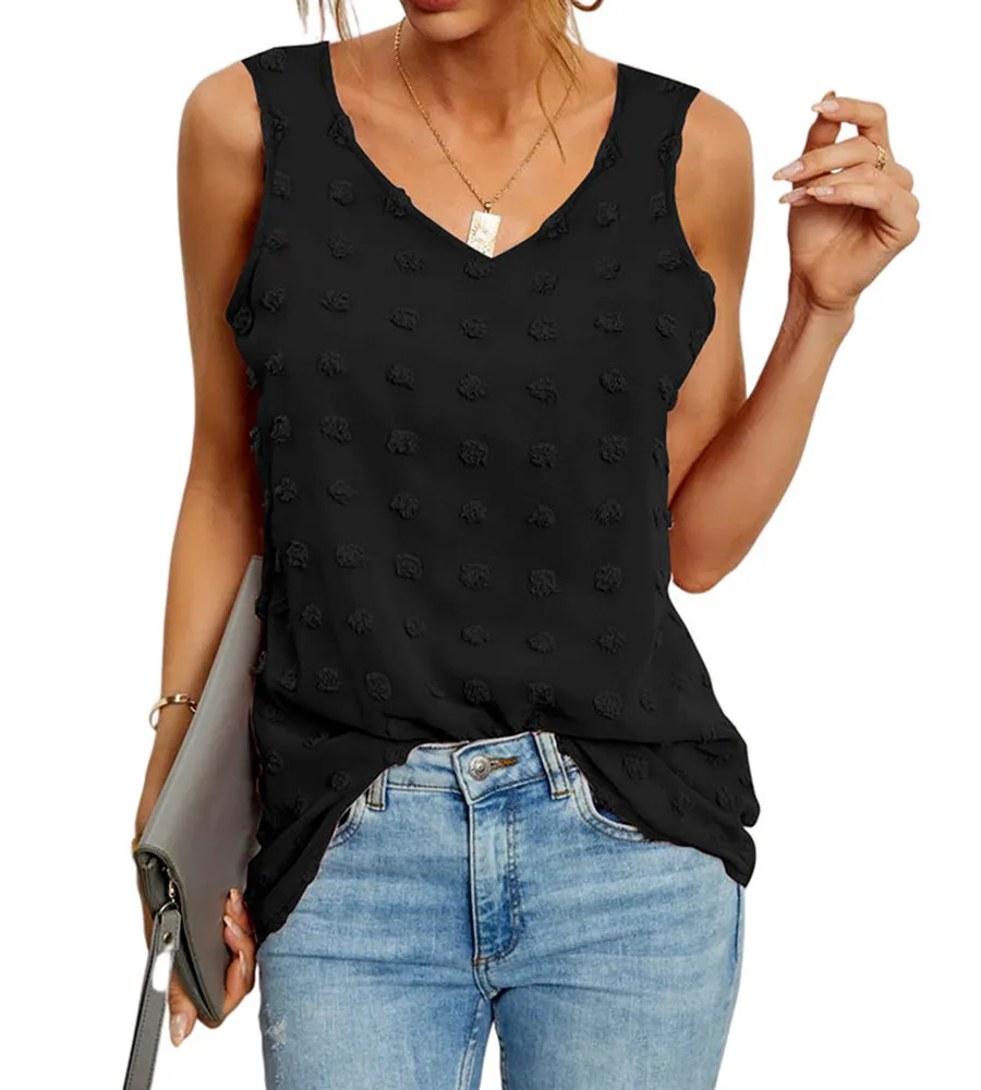 GIBLY Women Fashion V-Neck Sleeveless Solid Casual Loose Tank Top Pom Pom Swiss Dot Chiffion Blouse Top