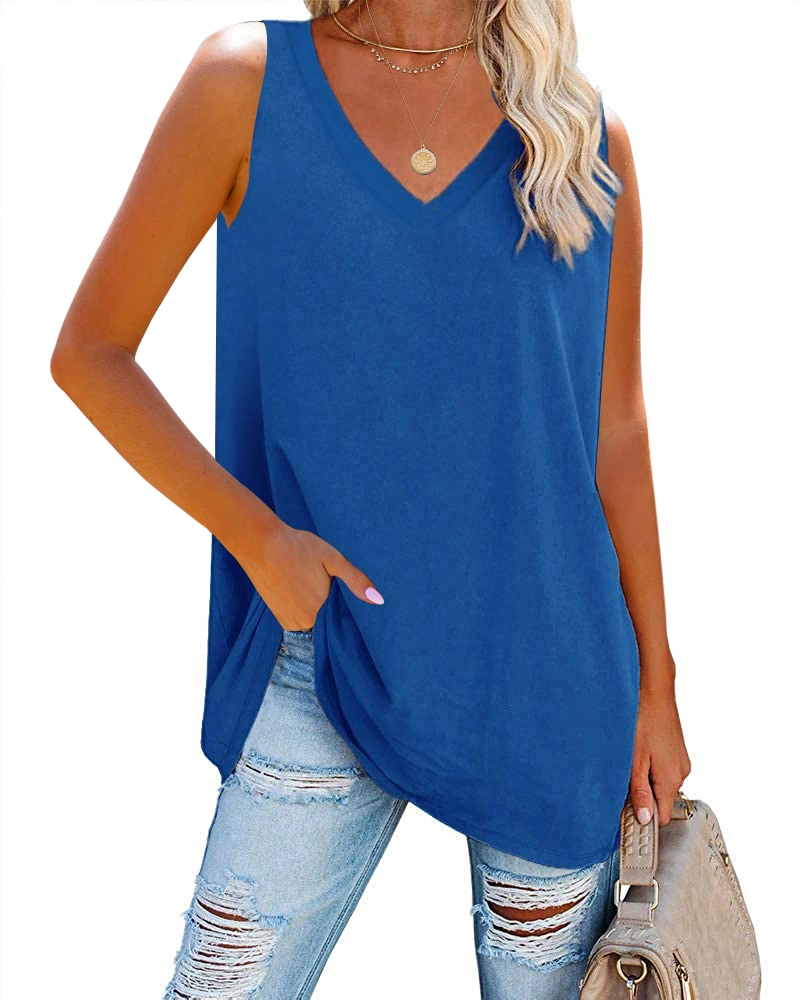 Fisoew Women's V Neck Tank Tops Summer Loose Casual Basic Solid Color Sleeveless Shirts Tunic Tops