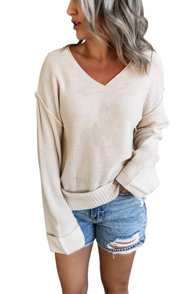 Womens V Neck Lightweight Sweaters Pullover Warm Long Sleeve Loose Casual Tunic Knit Tops