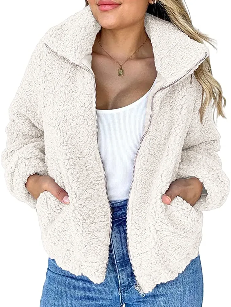 Langwyqu Womens Fuzzy Fleece Sherpa Jackets Long Sleeve Zip Up Casual Winter Coats with Pockets