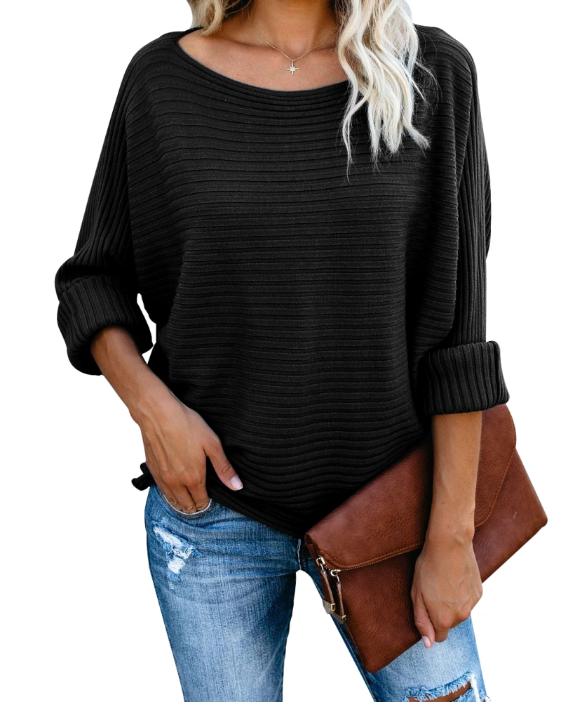 Women's Dolman Scoop Neck Ribbed Sweater Long Sleeve Loose Fit Warm Casual Knit Tops Pullovers