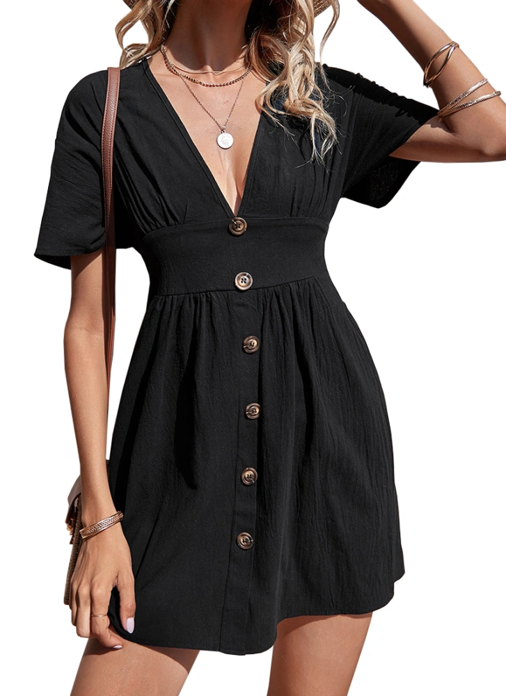 Hestenve Women's Summer Tshirt Dresses Button Front Solid Color V Neck Casual Loose Plain Dress