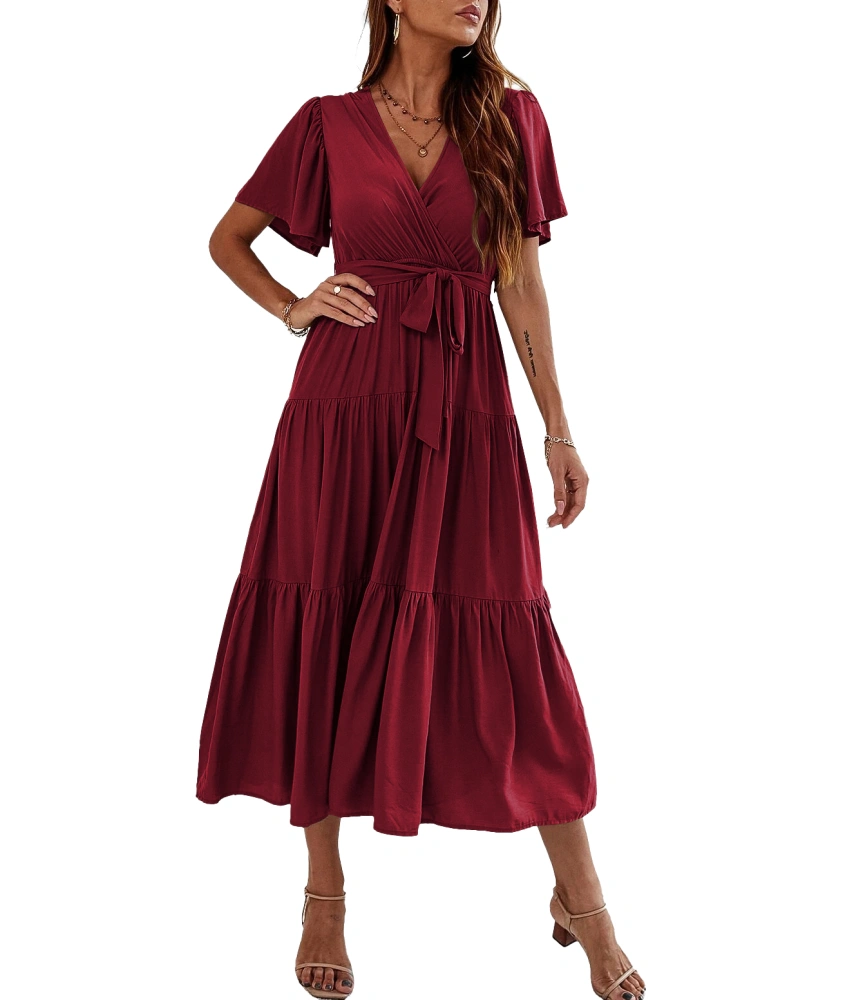 Febriajuce Women's Wrap V Neck Maxi Dress Bohemian Summer Tiered Ruffle Hem Belted Flowy Boho Long Dresses