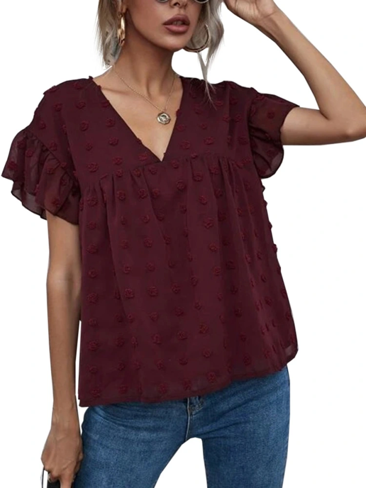 Hongqizo Womens V Neck Swiss Dot Chiffon Blouse Short Sleeve Flowy Shirts Babydoll Casual Tops