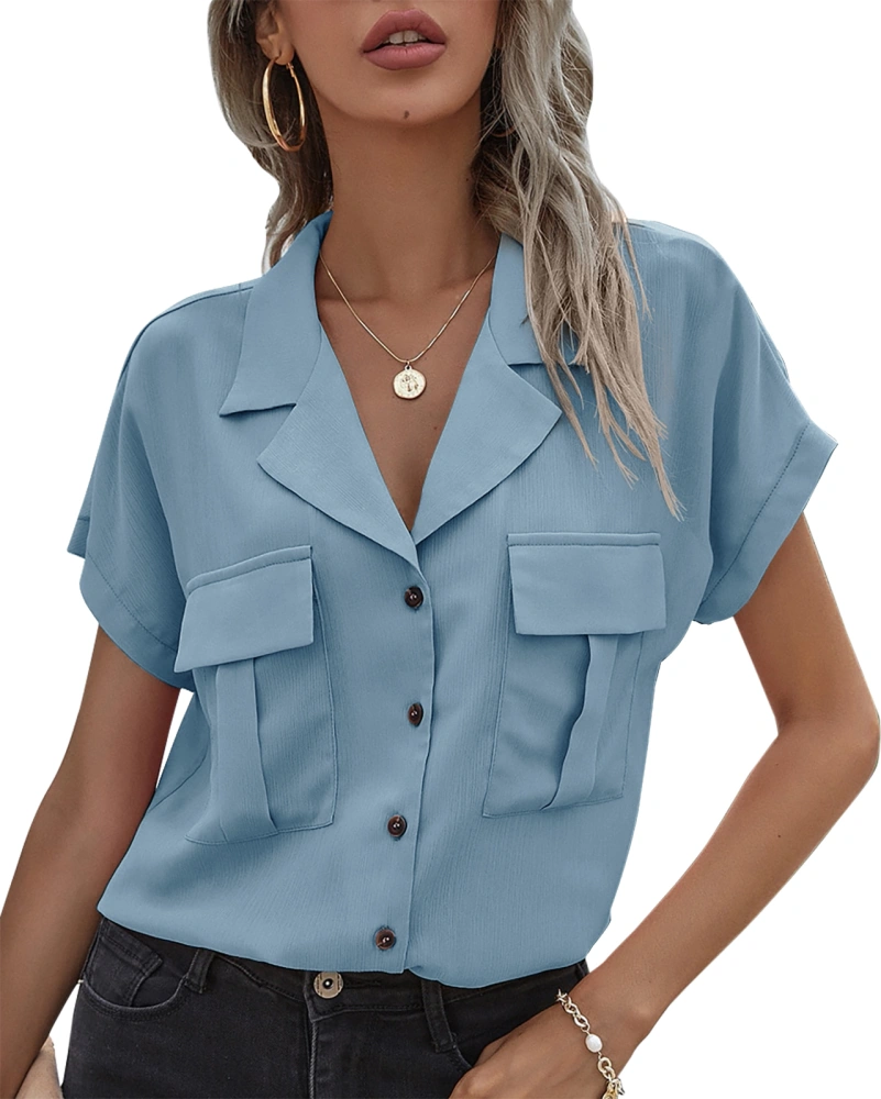 Womens Button Down Shirts Lapel Collar Tank Tops with Pockets V Neck Summer Fall Lightweight Flowy Chiffon Blouse